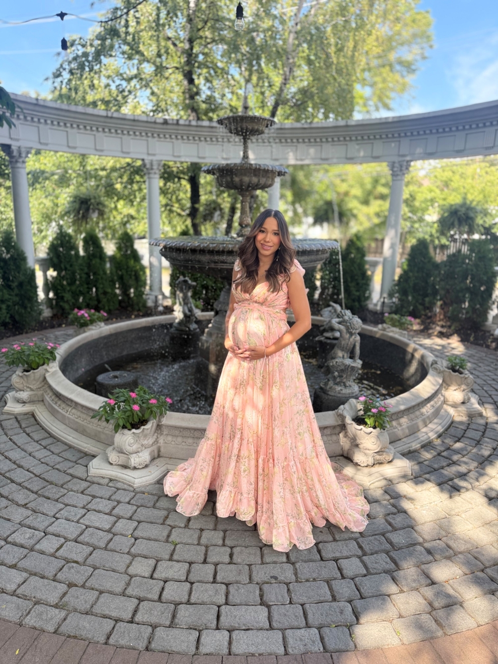 MAC Duggal Pink Floral Ruffle V-Neck Evening Dress